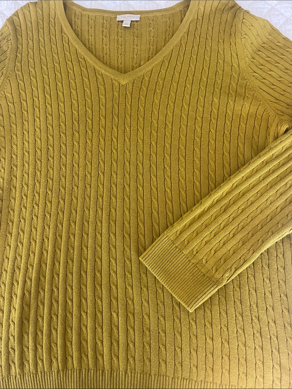 Talbots ladies Cable V-Neck Sweater in green tone for Fall.  100% cotton.